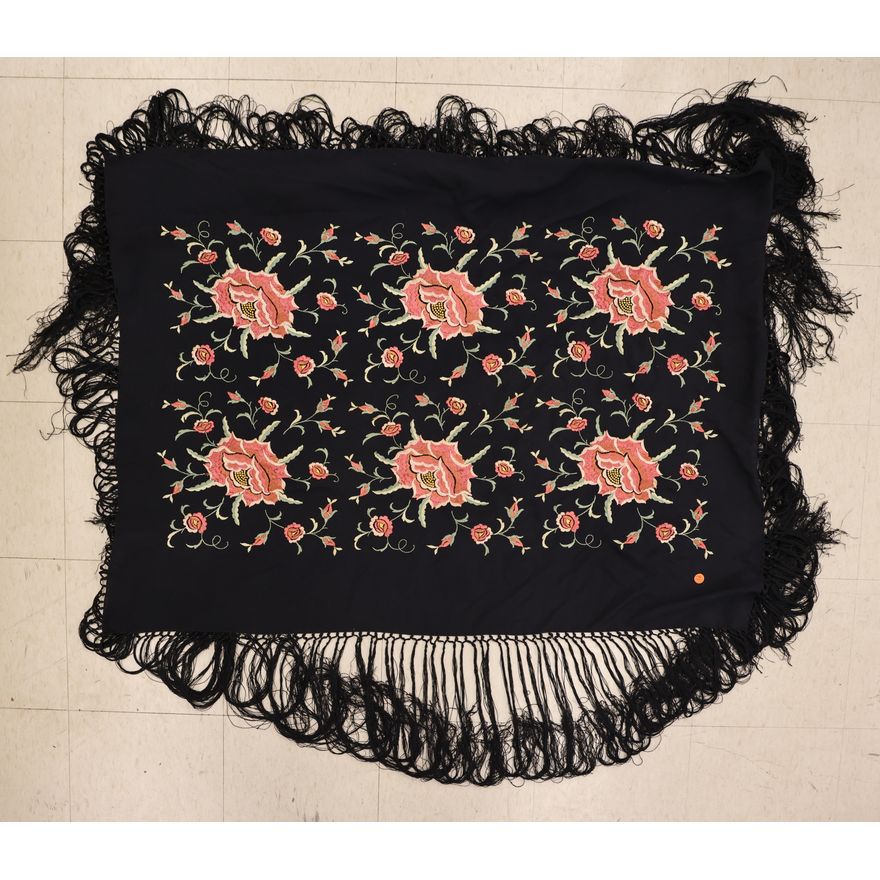 Old Floral Silk Embroidered Piano Shawl 3'x4' Approx.
