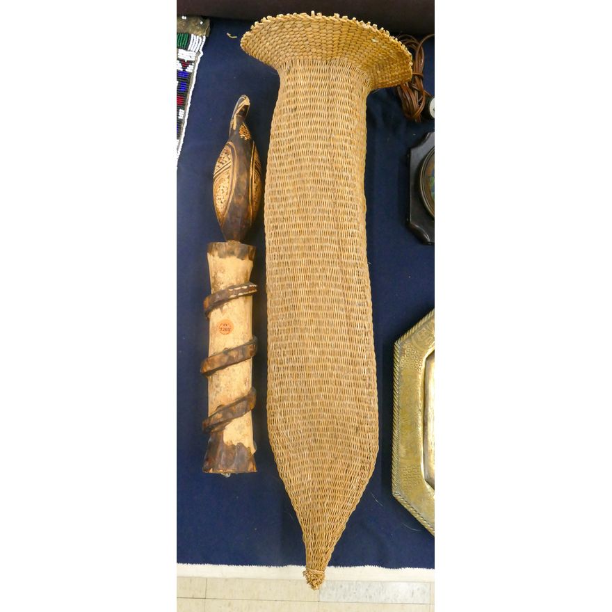 2pc Old African Basket and Bird Carving 19'' to 25''