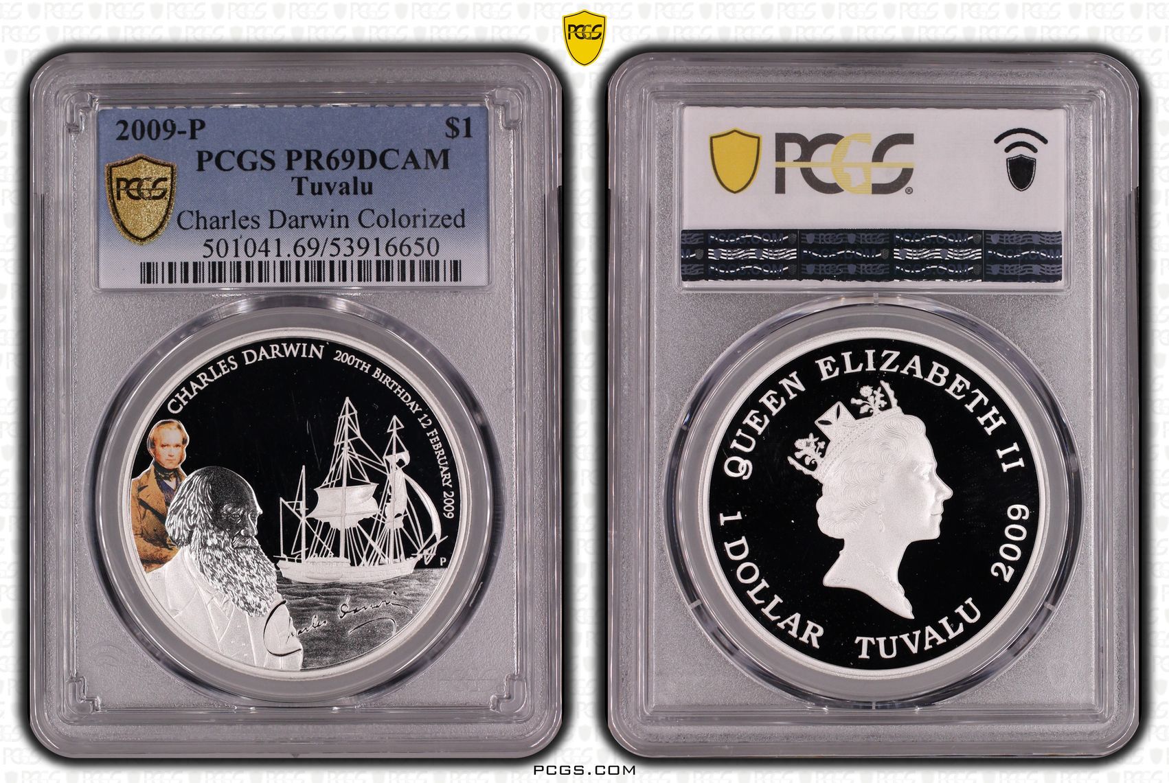 Tuvalu, Charles Darwin Colourised, One Dollar, 2009-P, PR69DCAM