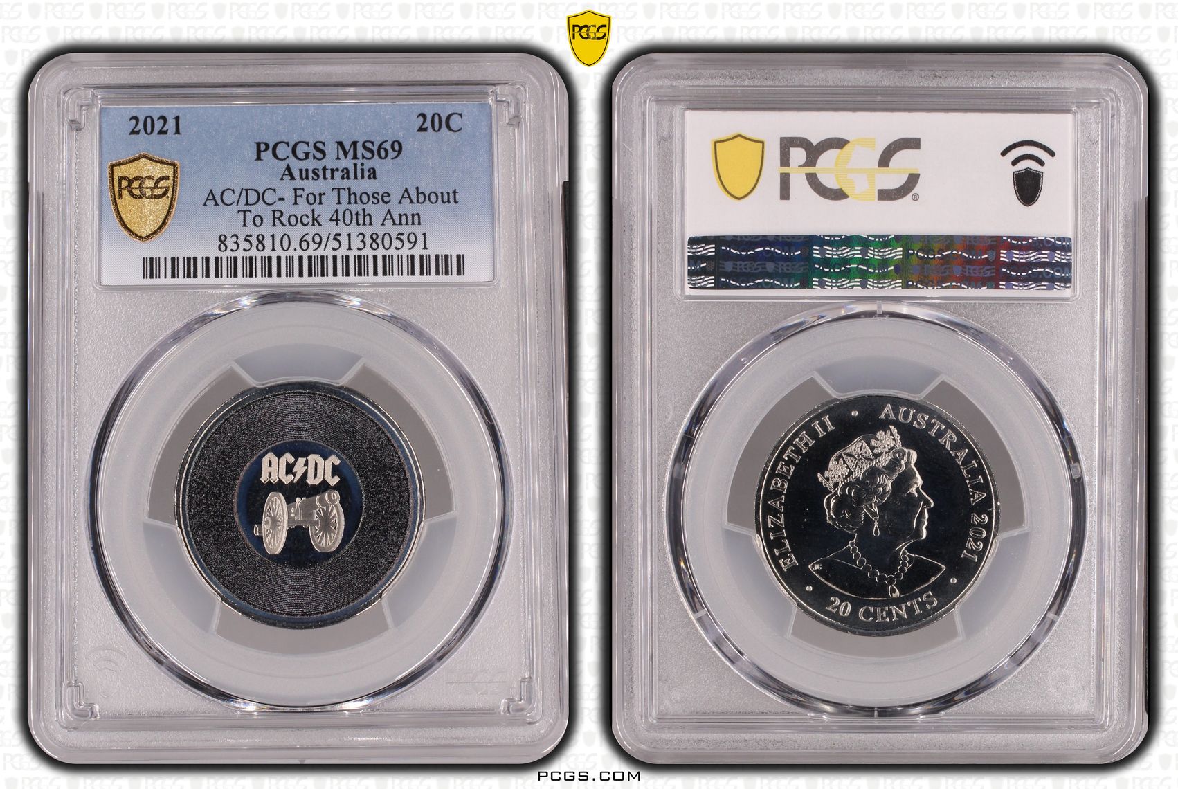 AC/DC- For Those About To Rock, Twenty Cent, 2021, PCGS MS69