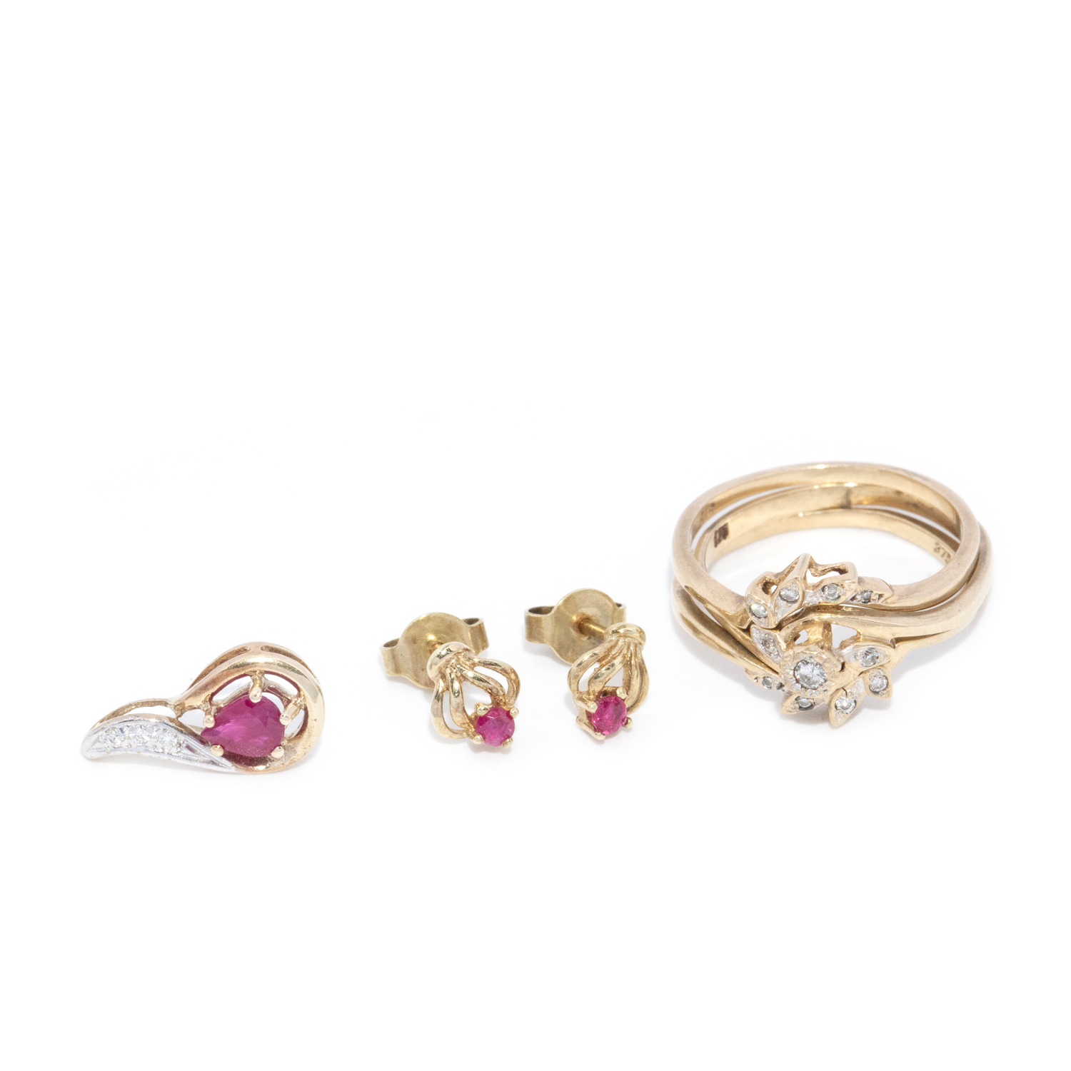 9ct Ruby and Diamonds Earrings and Pendant, Diamond 3 Ring Set