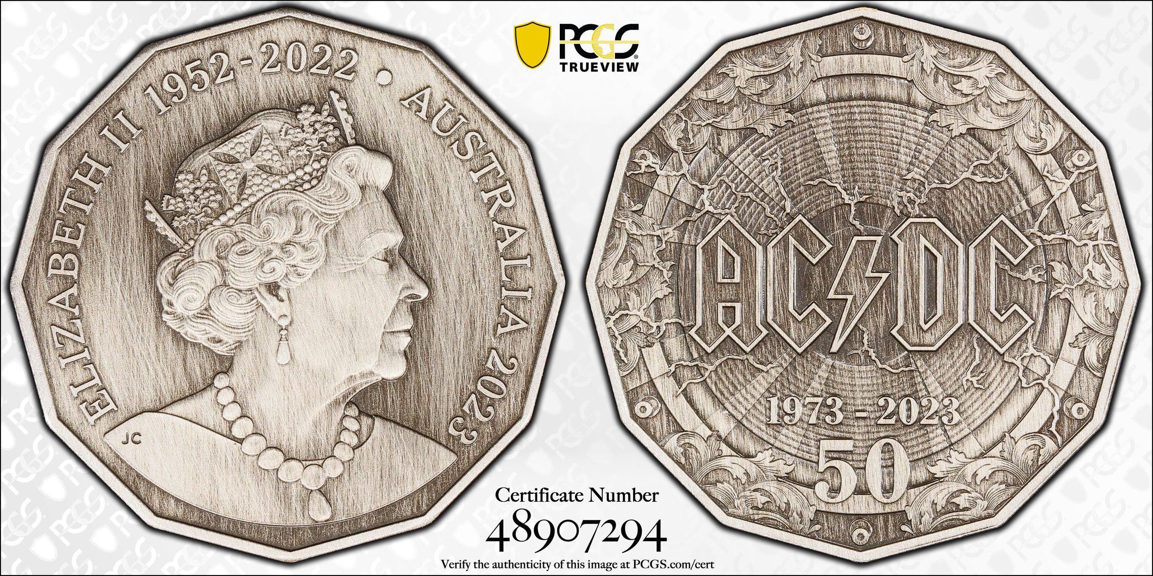 Elizabeth II, AC/DC 50th Anniversary Antique Finish POP 36/0, Fifty Cent, 2023, PCGS SP69