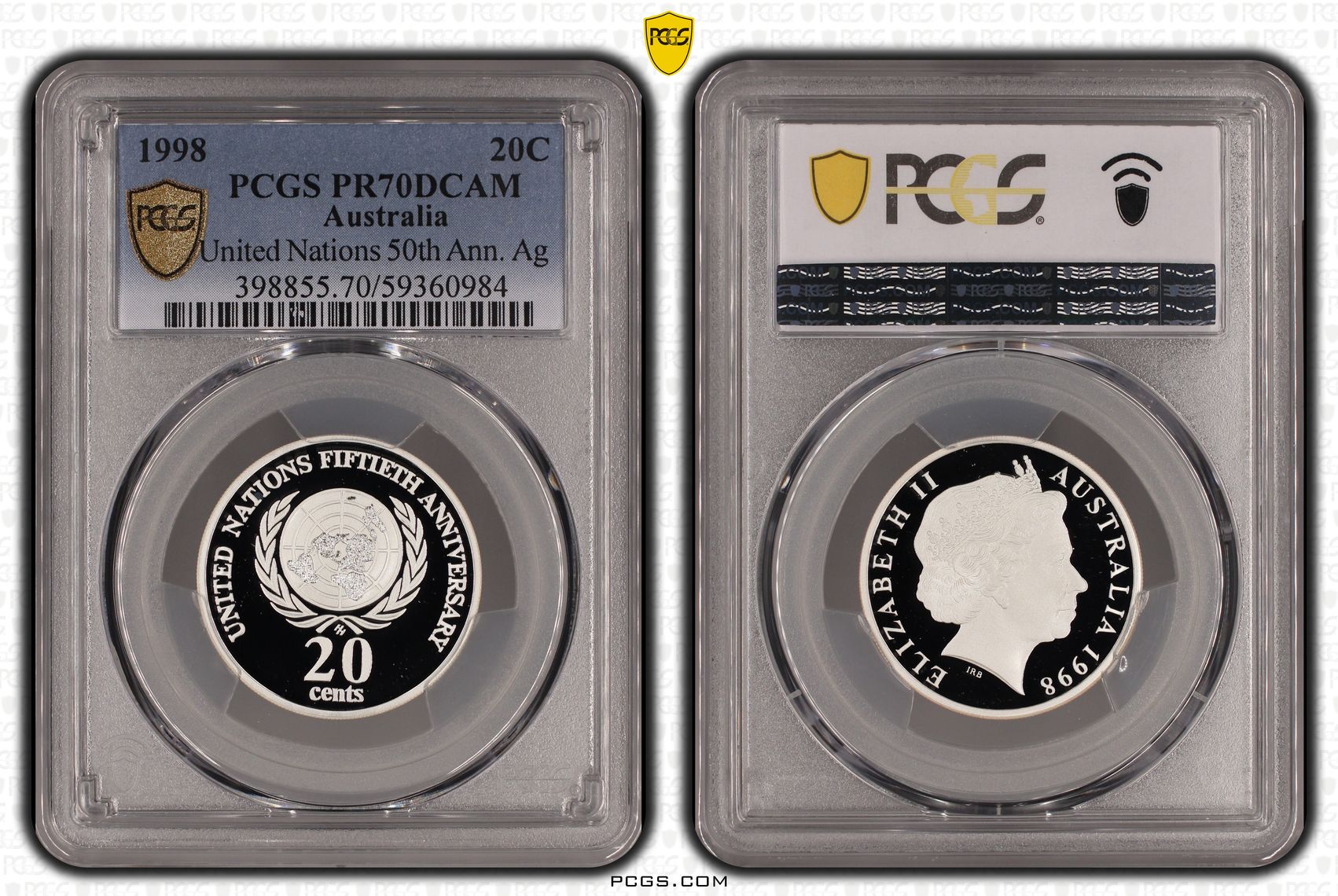 Elizabeth II, United Nations 50th Ann. Silver, Twenty Cent, 1998, PCGS PR70DCAM