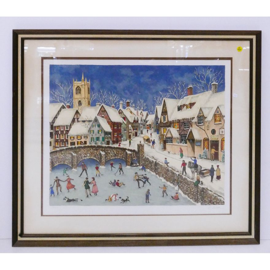 C. Eaton Winter Village Scene S/N Serigraph Gallery Framed- 30x35''