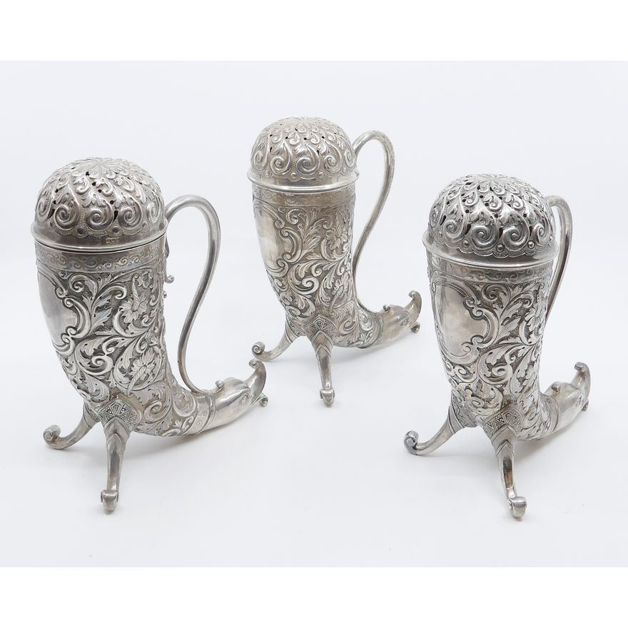 Trio of English Sterling Silver Cornucopia Sugar Casters