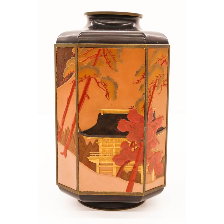 Fine Japanese Meiji Lacquered Metal Octagonal Vase