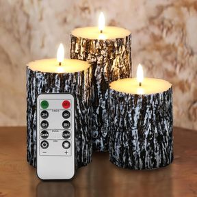 EYWAMAGE BLACK PINE BARK FLAMELESS PILLAR CANDLES WITH REMOTE, FLICKERING BATTERY OPERATED LED WOOD CANDLES SET OF 3