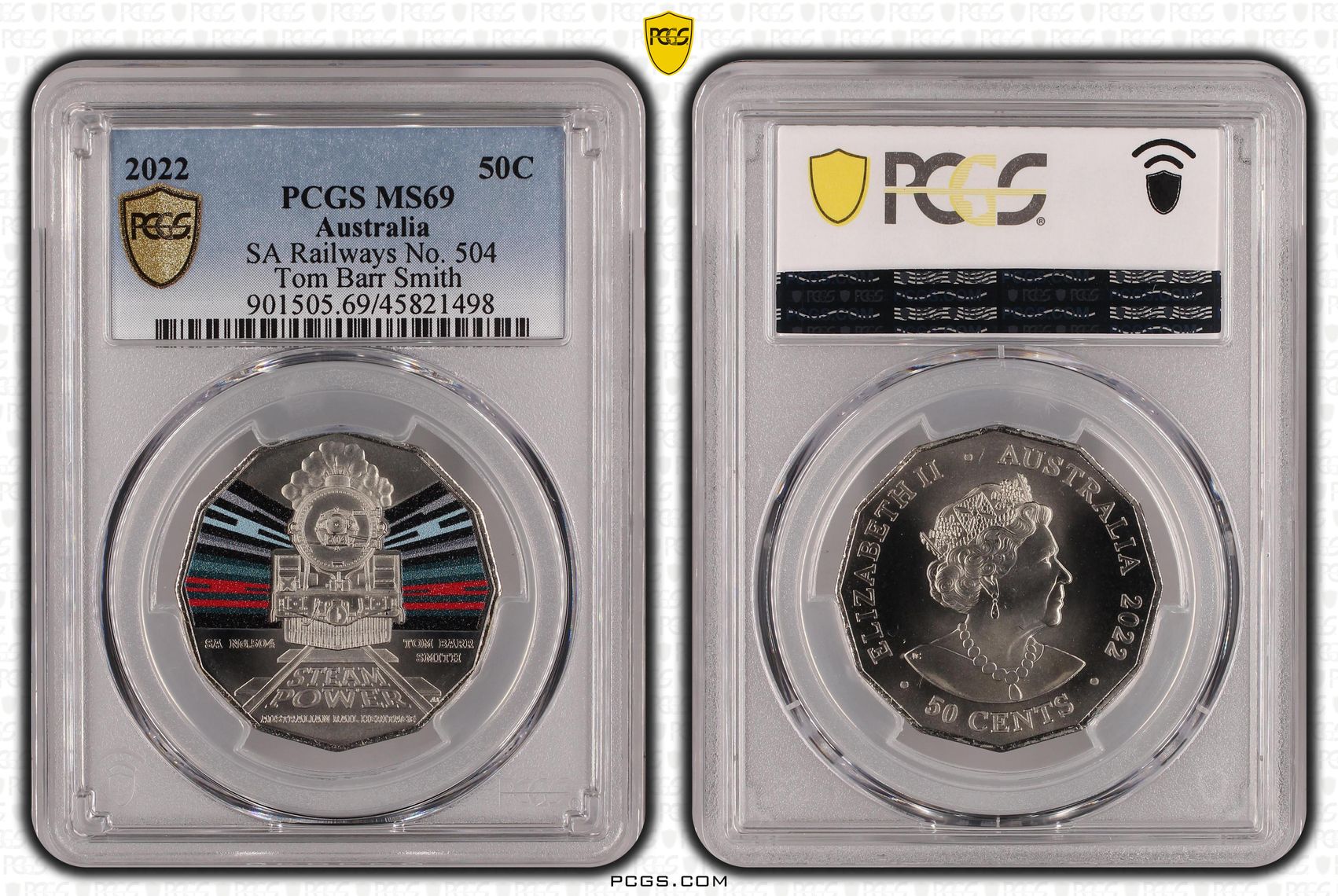 SA Railways No. 504 Tom Barr Smith Colorized, Fifty Cent, 2022, PCGS MS69
