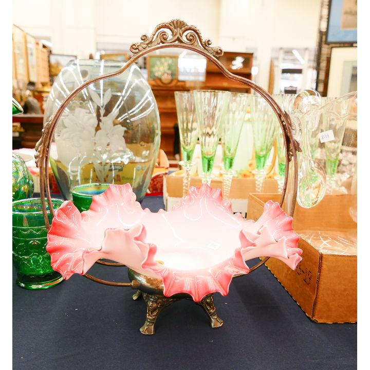 Victorian Pink Ruffle Glass Brides Basket- 11'' tall