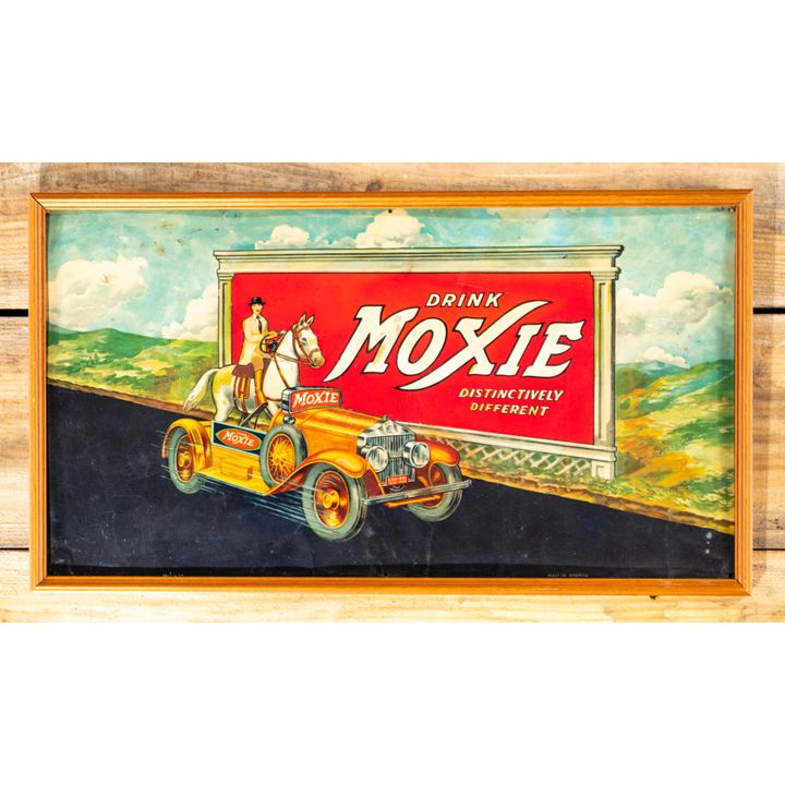 Drink Moxie w/ Car & Horse Graphic Single Sided Metal Sign TAC 8.25