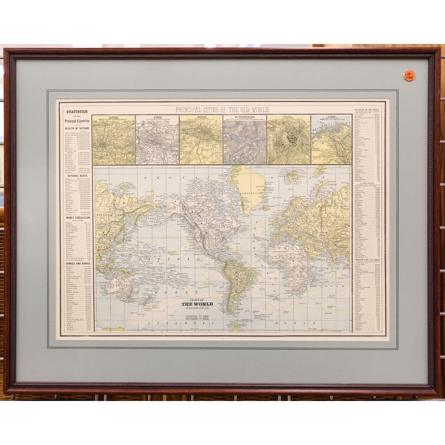 Antique Principal Cities of the Old World Map Framed 24''x29''
