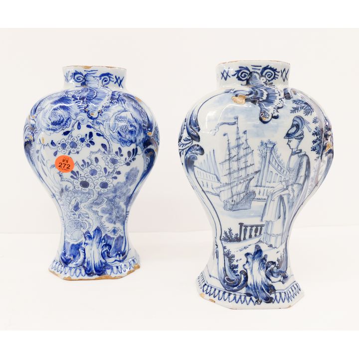 2pc Delft 18th Century Vases- 9'' with scattered Edge Damage