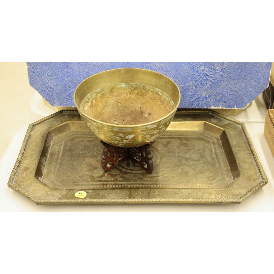 2pc Antique Chinese Brass Tray and Bowl 7'' to 18''