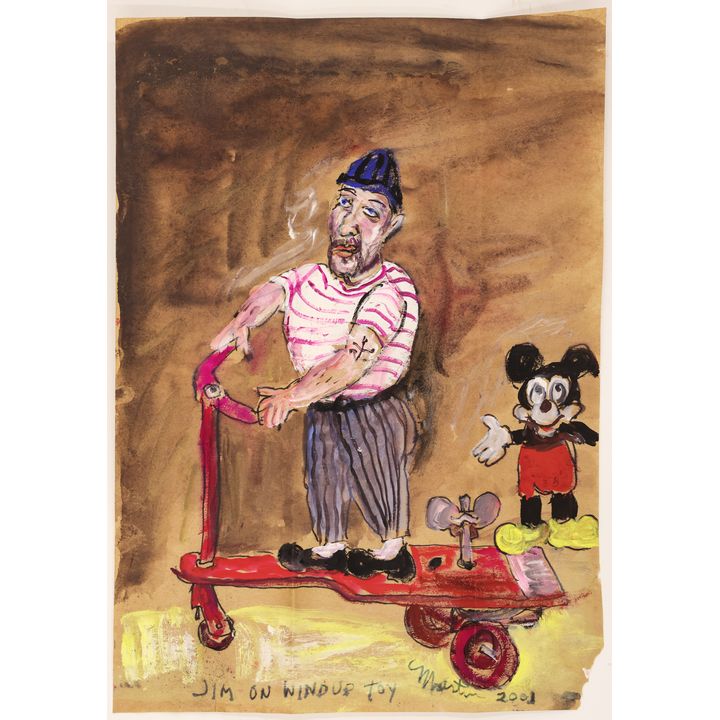 James Martin ''Jim on Windup Toy'' 2001 Tempera on Paper Bag 14''x10''
