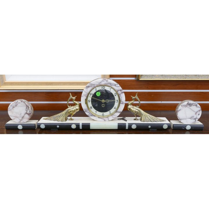 3pc Art Deco Onyx Peacock Mantel Clock and Garniture Set 24.5'' and 6'' Long