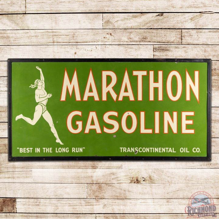 Marathon Gasoline 6' Double Sided Porcelain Sign "Best in the Long Run" w/ Running Man Logo