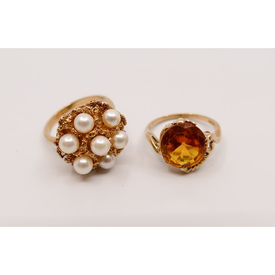 2pc Ladies 10K Real Pearl & Citrine Rings- Size 7.5 & 7- 10.8g TW