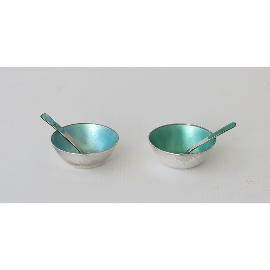 PAIR OF DANISH STERLING SILVER AND ENAMEL SALT CELLARS AND SPOONS 41gms.