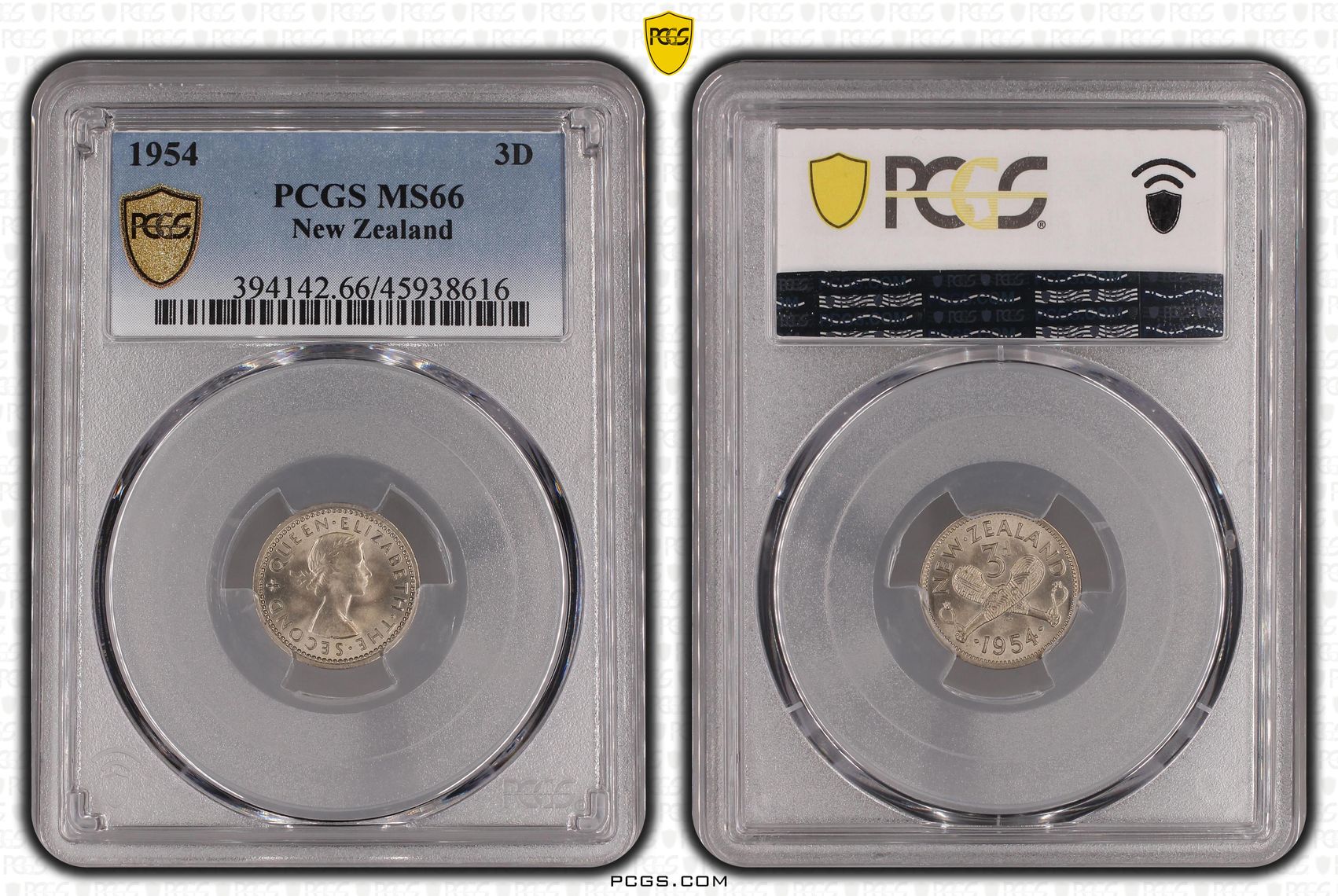 1954 New Zealand Threepence PCGS - MS66 POP 2/0 -616