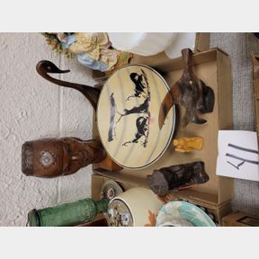 Hand carved Indian head, African bowl and other figurines