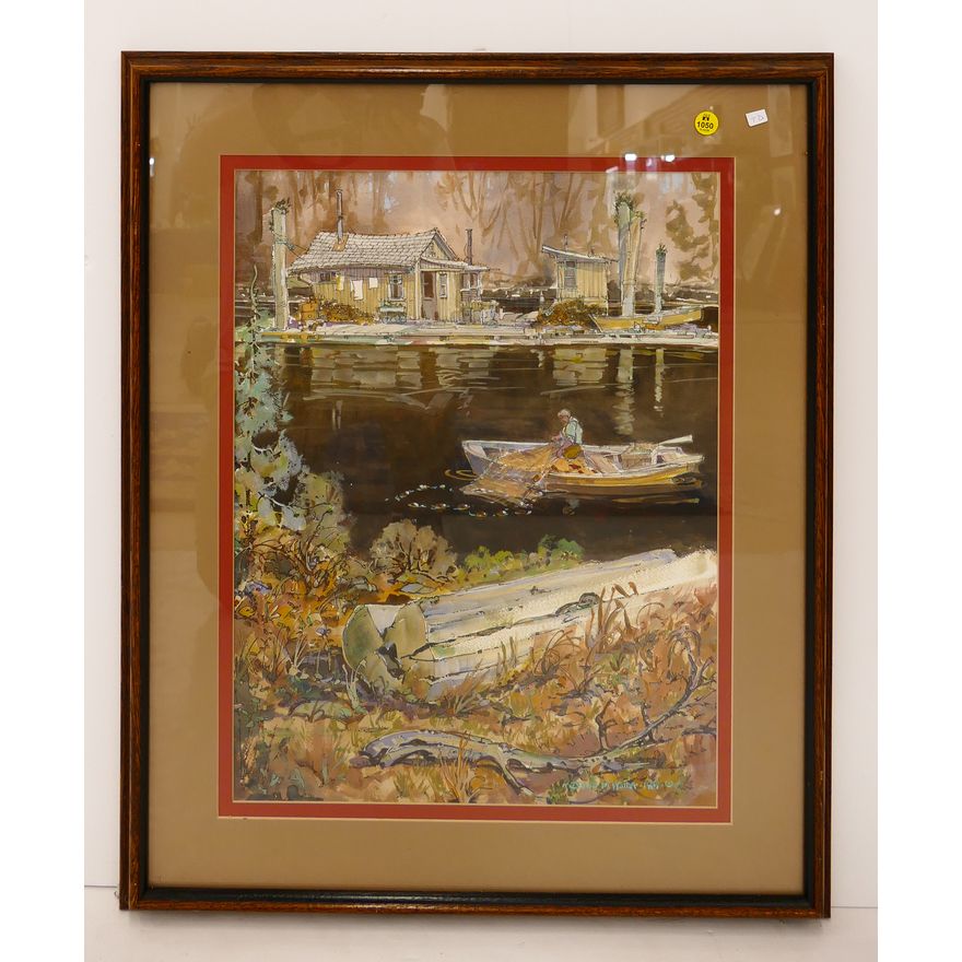 David Waller NW Fishing Scene Gouache on Paper- Framed 28x23''