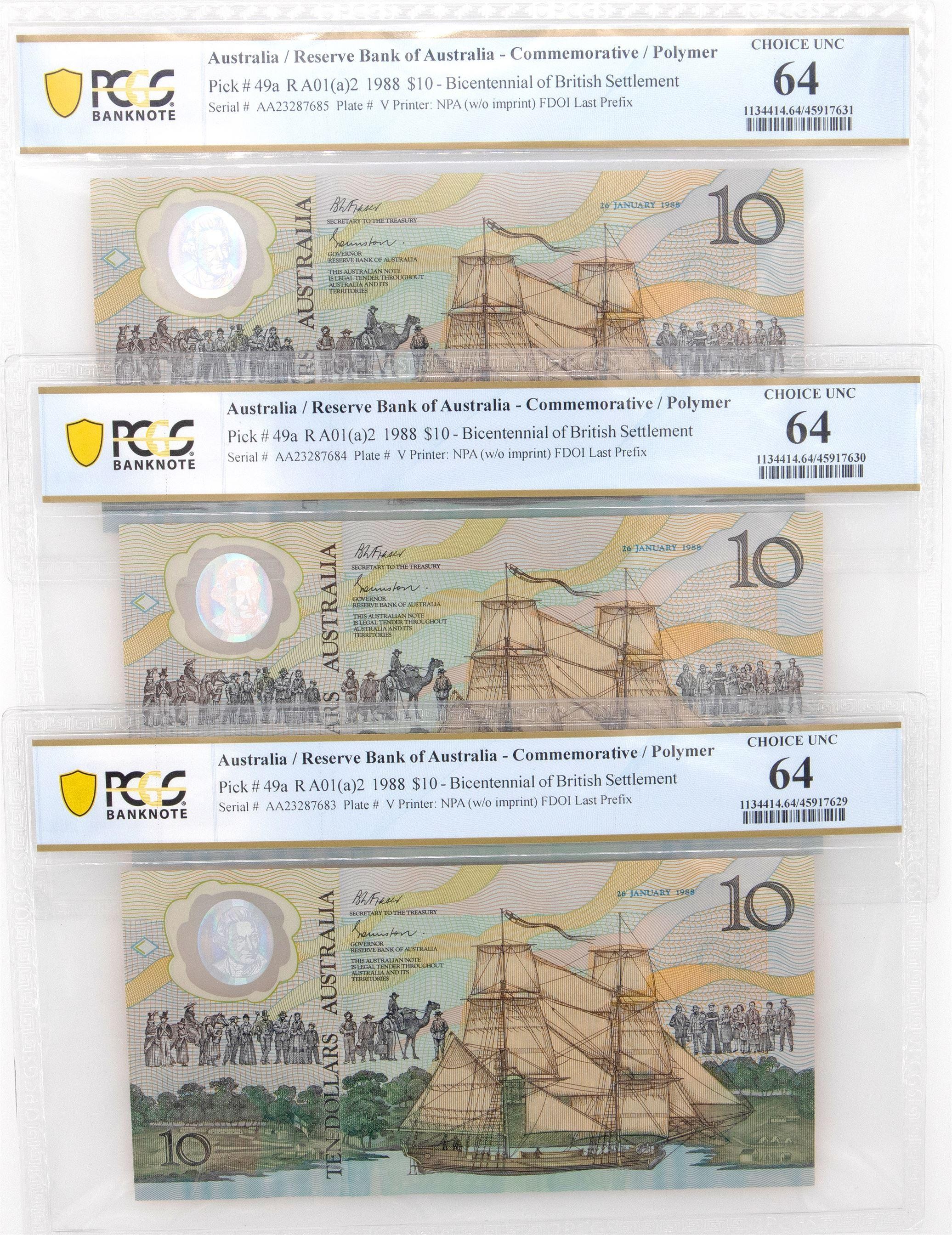 1988 $10 Johnston/Fraser Choice Unc 64 Consecutive Run of 3 Last Prefix Notes