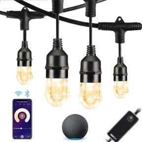 HVS SMART OUTDOOR STRING LIGHTS LED 24FT 12BULBS TUNABLE DIMMABLE WARM WHITE WATERPROOF SHATTERPROOF CAFE PATIO LIGHTS,APP CONTROL