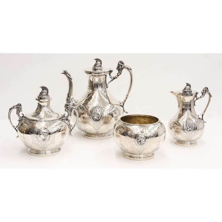 4pc Kidney, Cann & Johnson Coin Silver Medallion Tea Service