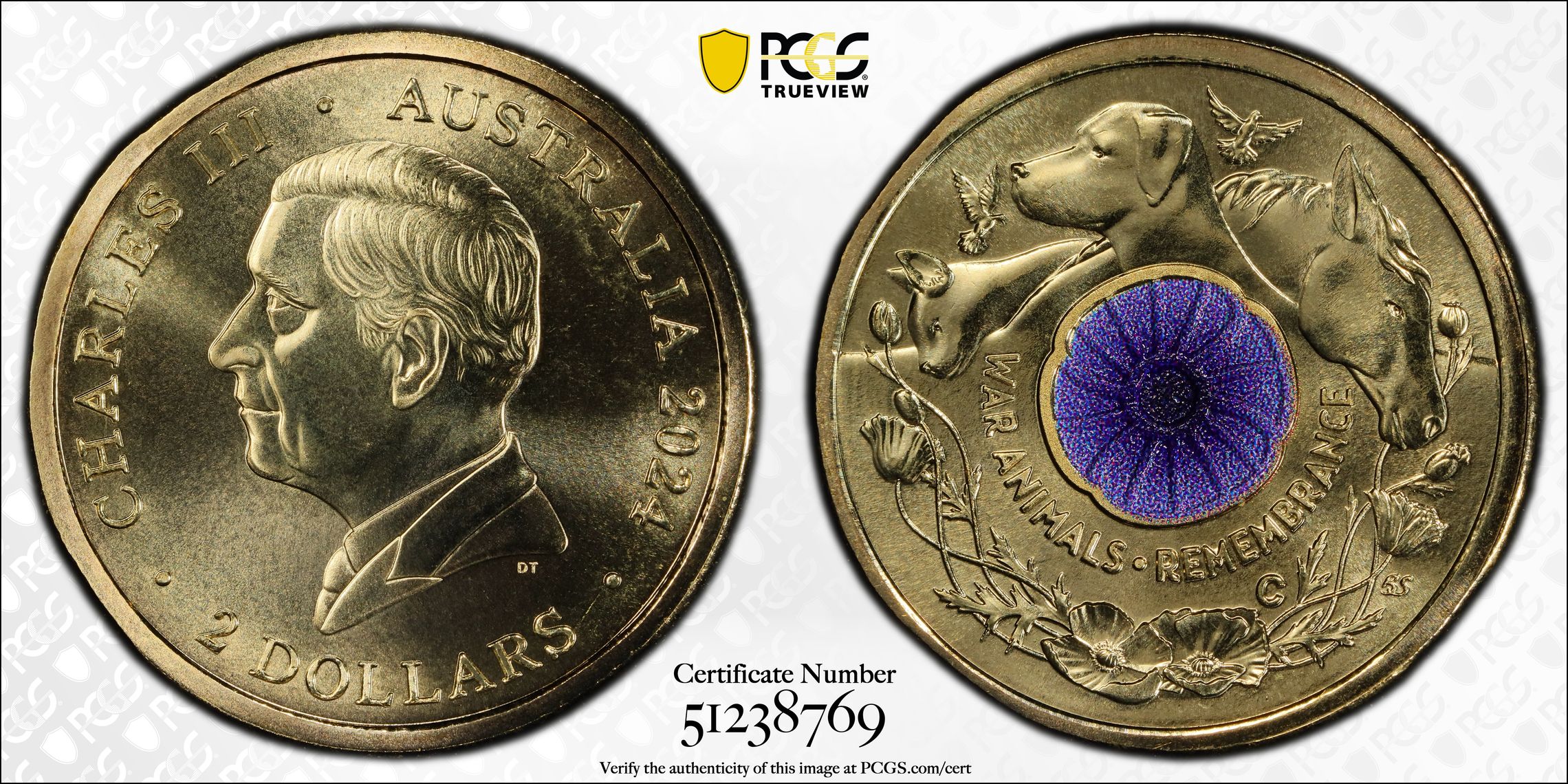 War Animal Remembrance Colourised, Two Dollar, 2024-C, PCGS MS69