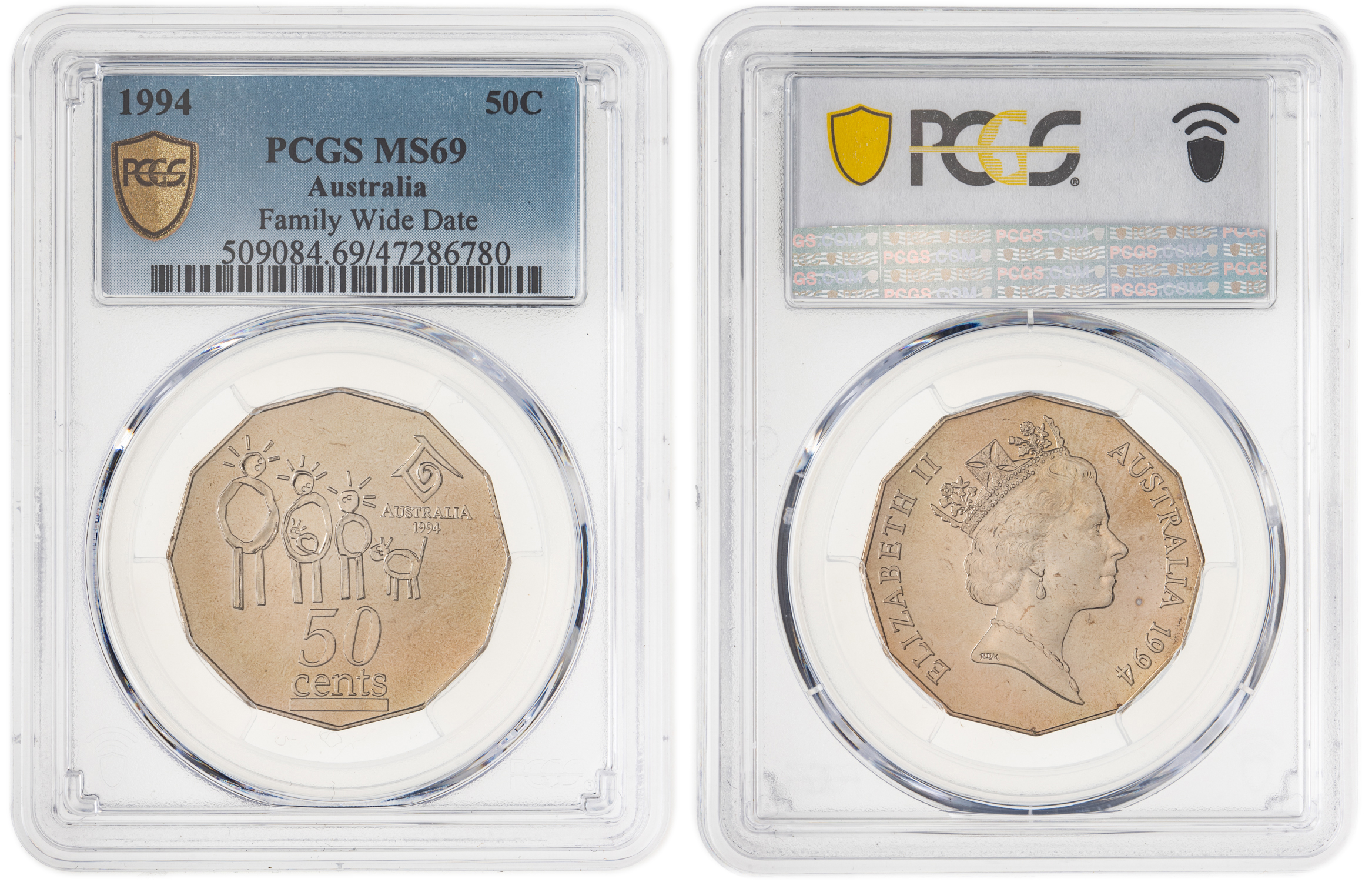 141 · Elizabeth II, Family Wide Date, Fifty Cent, 1994, PCGS MS69