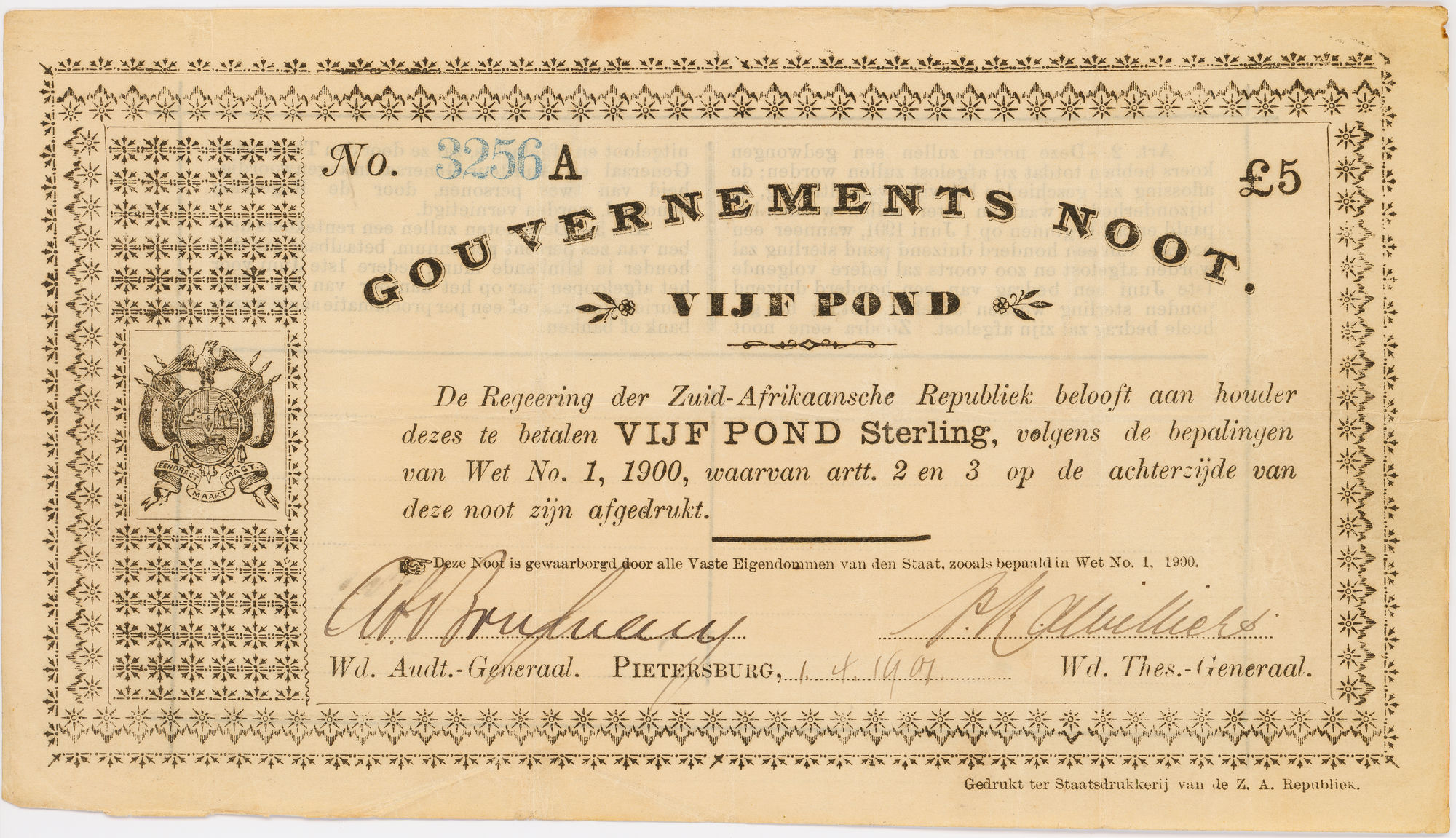 South Africa, Anglo-Boer War - Government Note, Five Pounds, 1900, gF
