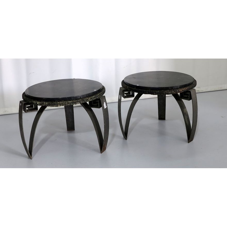 PAIR OF FAUX GRANITE TOP STEEL SIDE TABLES