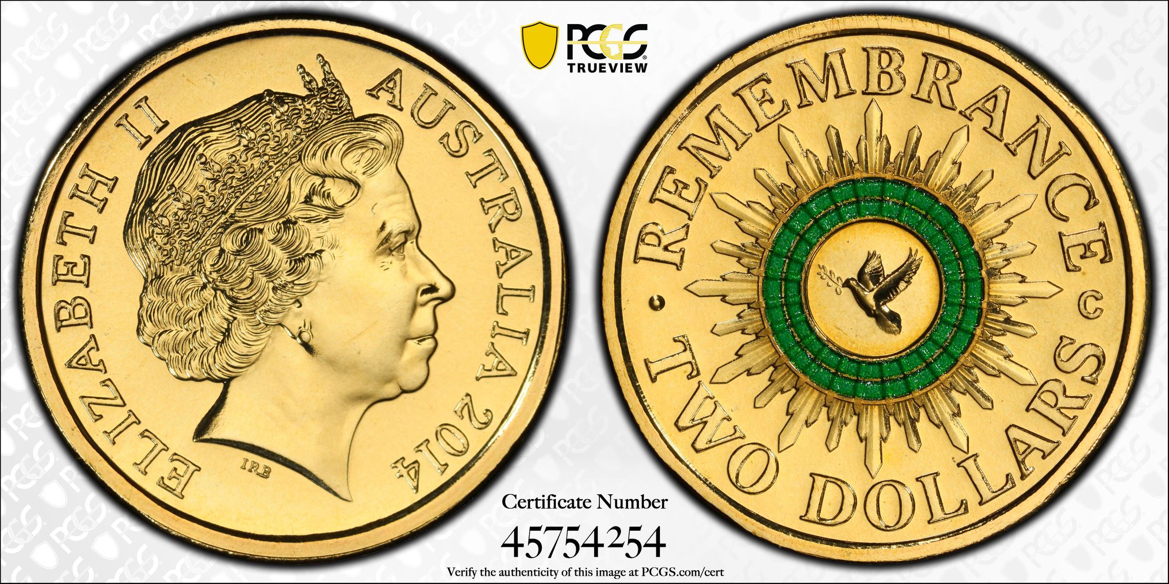 Remembrance Green Dove, Two Dollar, 2014-C, PCGS MS67