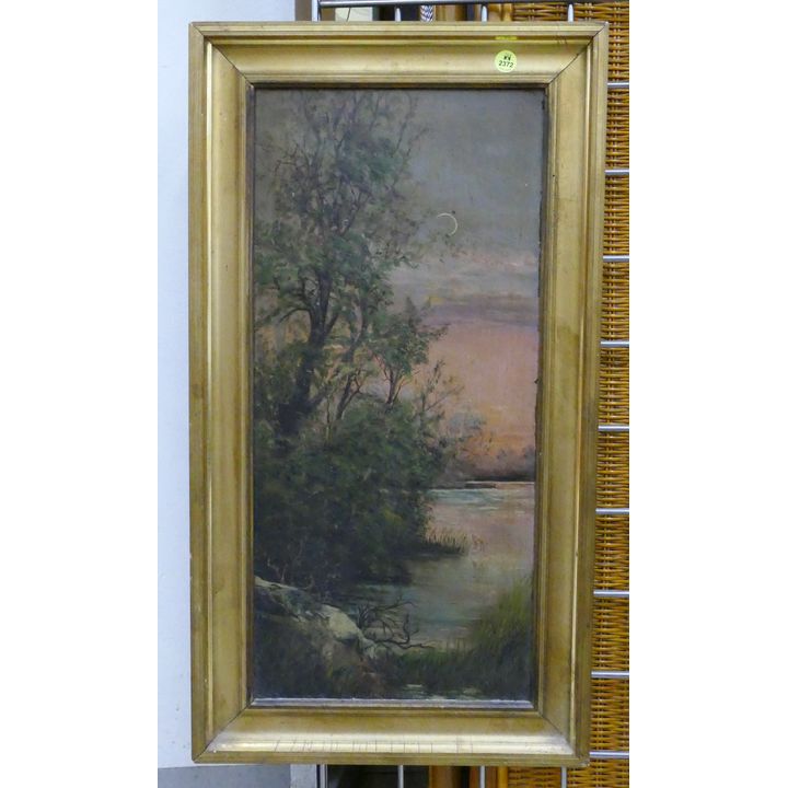 Antique Night River Scene Oil Painting Framed- 25x14''