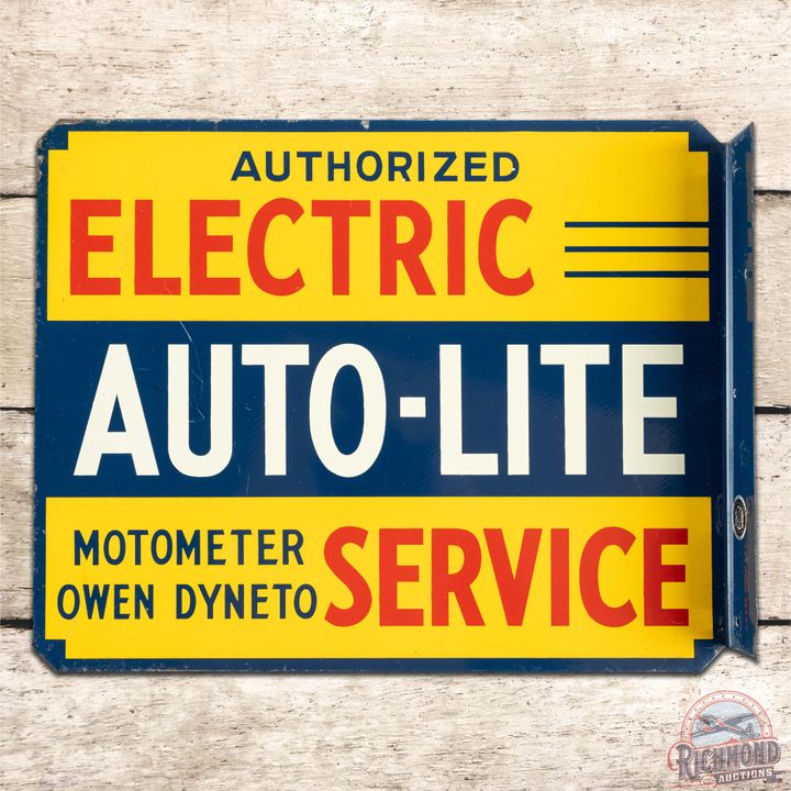Auto-Lite Authorized Electric Service Motometer Owen Dyneto Double Sided Tin Flange Sign