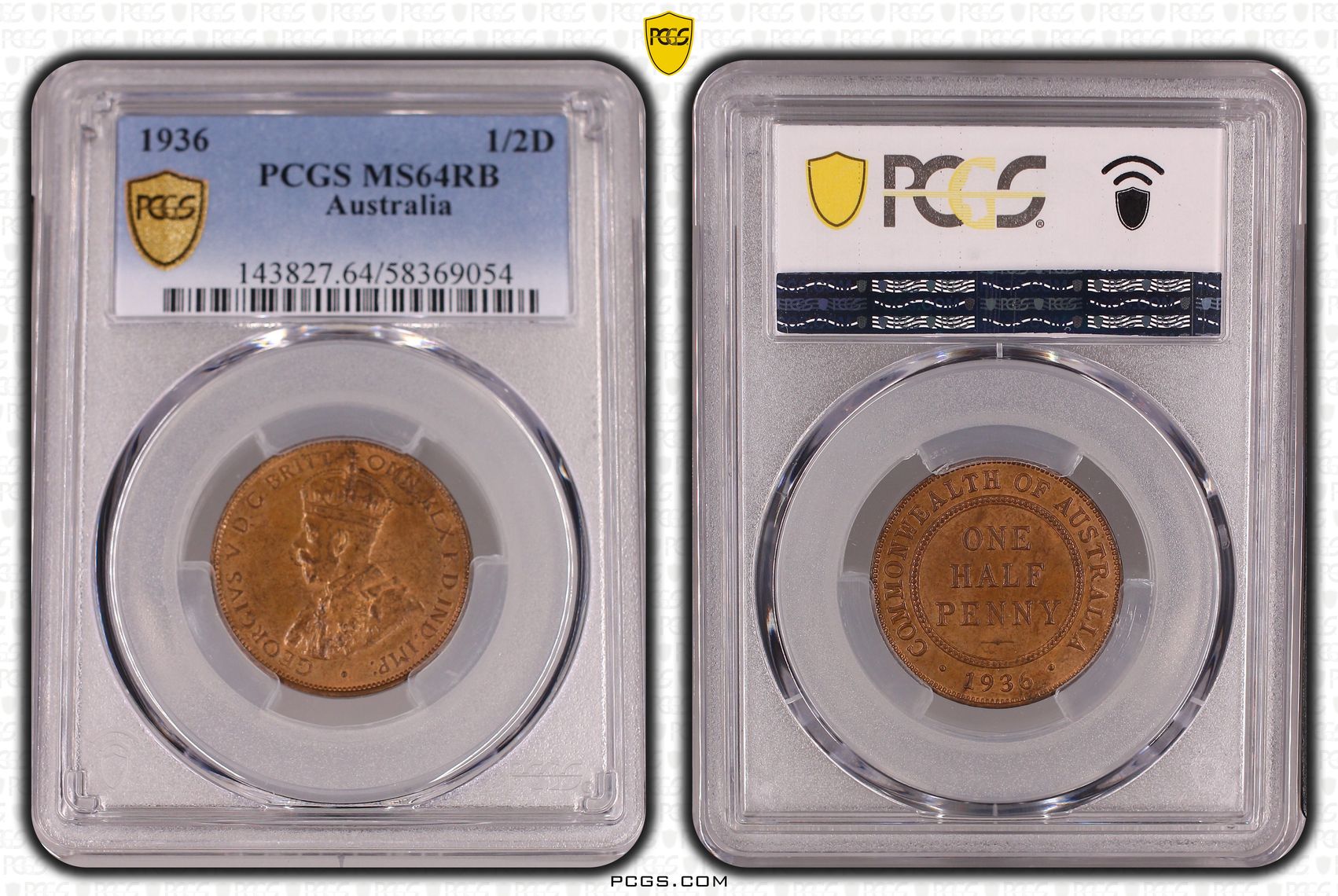 George V, Halfpenny, 1936, PCGS MS64RB