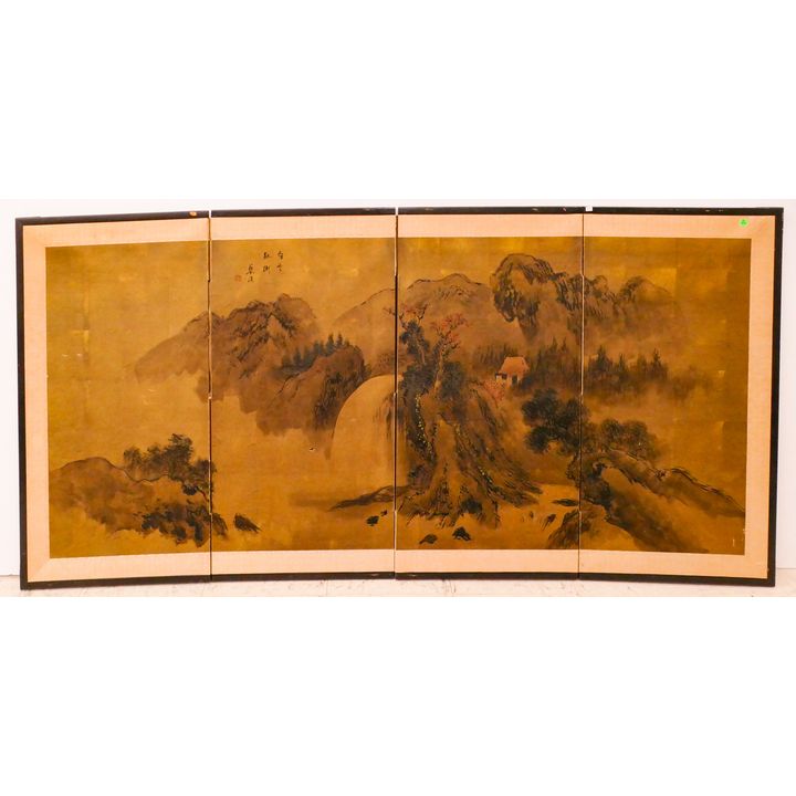 Vintage Japanese 4 Panel Painted Mountainous Landscape Screen- 36x72''