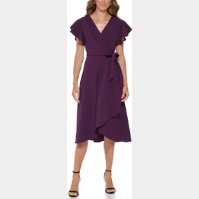 DKNY WOMENS FLUTTER SLEEVE ASYMMETRICAL HEM FAUX WRAP DRESS