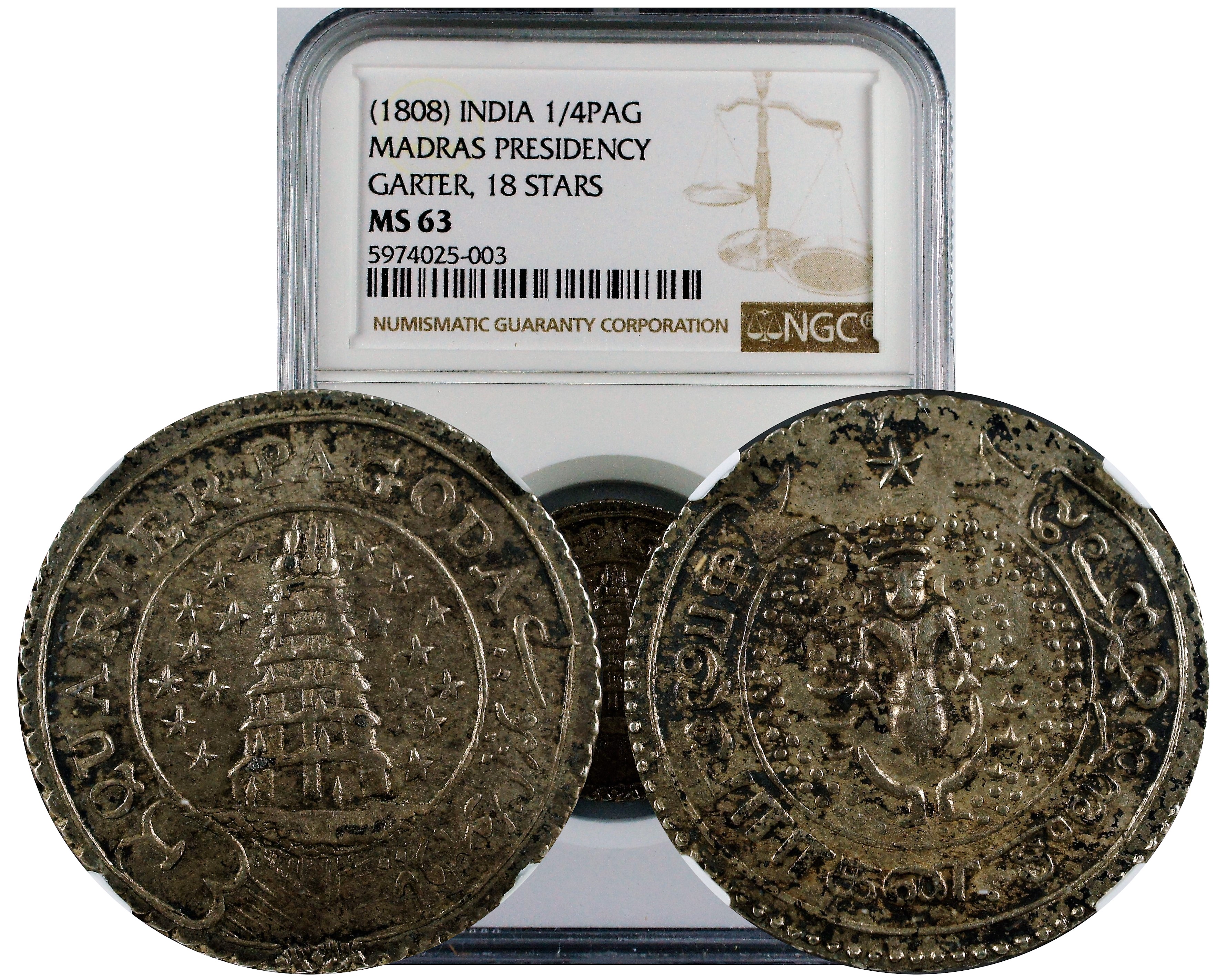 India 1808 Madras Presidency 1/4 Pagoda 18 Starts, Garter NGC MS63