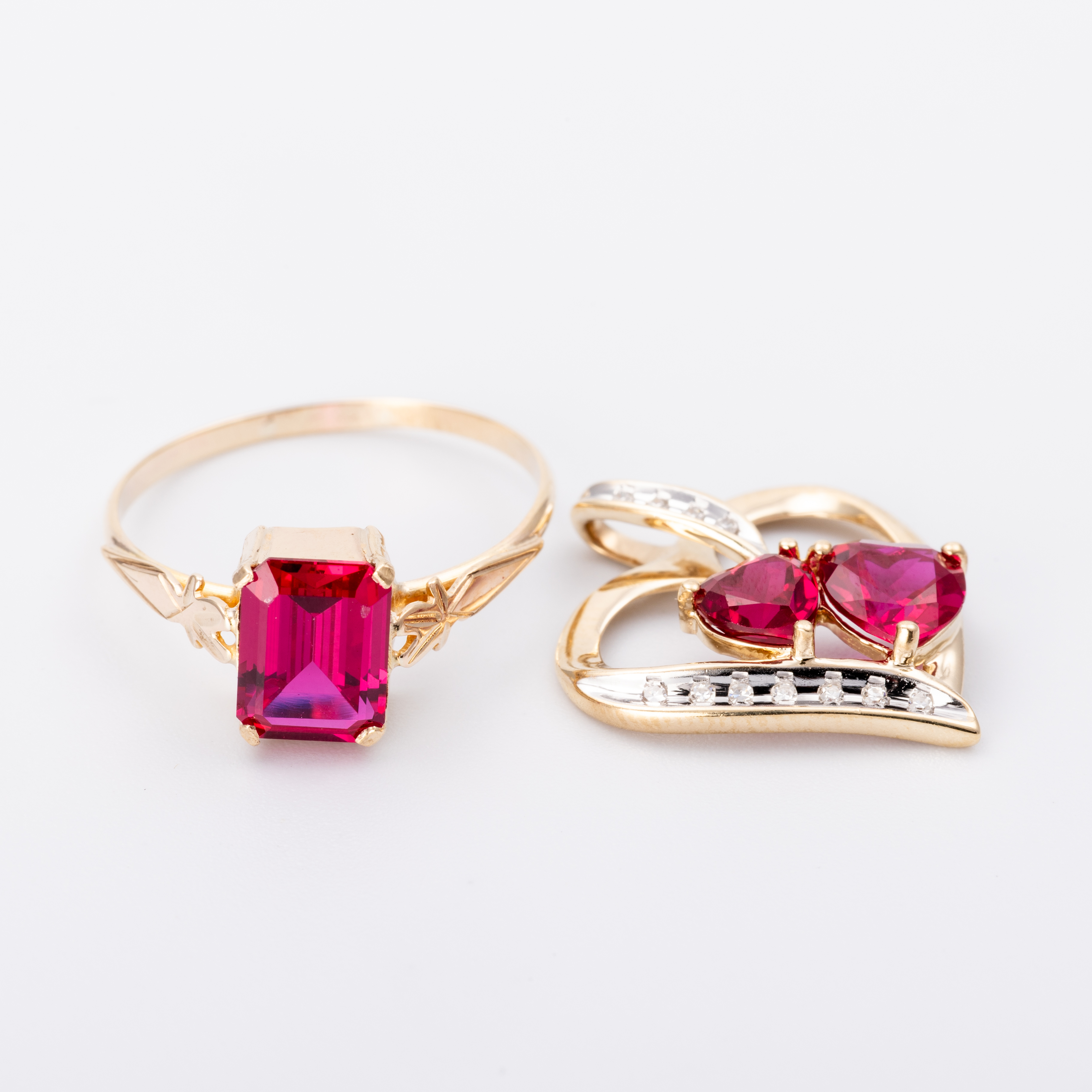 Synthetic Ruby & Diamond Pendant & Synthetic Ruby Ring 9ct Gold