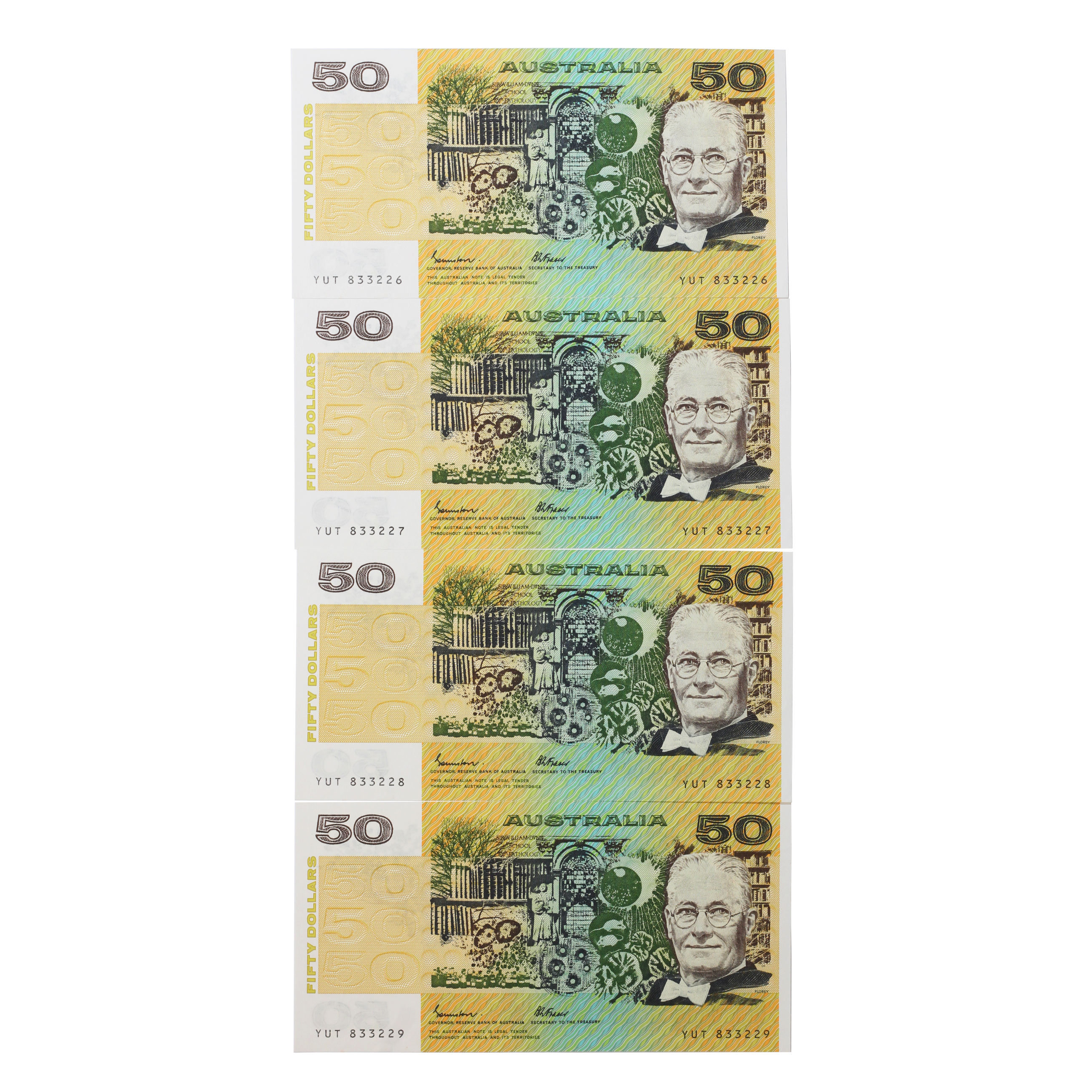 2057. · Consecutive Run, Johnston/Fraser, Fifty Dollars, 1985, aUNC
