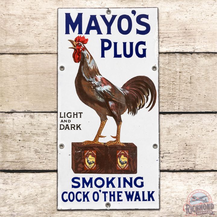 Mayo's Plug Tobacco "Cock O' The Walk" SS Porcelain Door Push Sign w/ Rooster