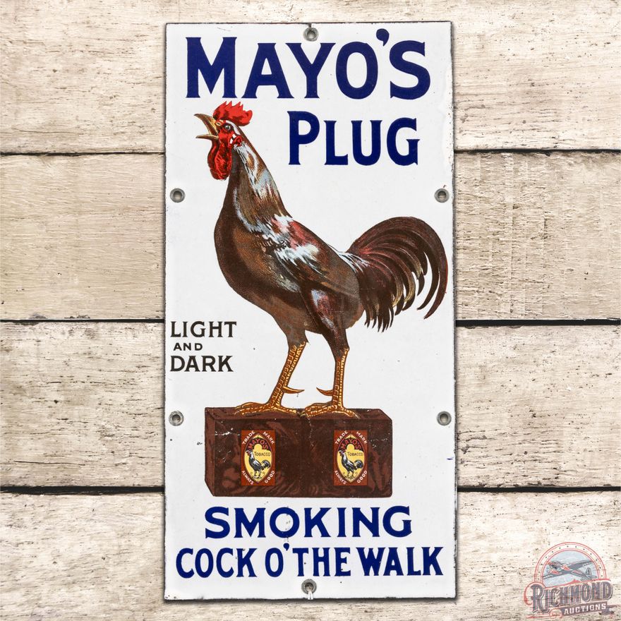 Mayo's Plug Tobacco "Cock O' The Walk" SS Porcelain Door Push Sign w/ Rooster