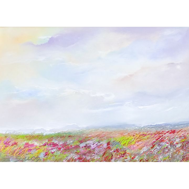 Margit Szucs ''Poppy Field'' Oil on Paper Framed 11.5''x13.5''