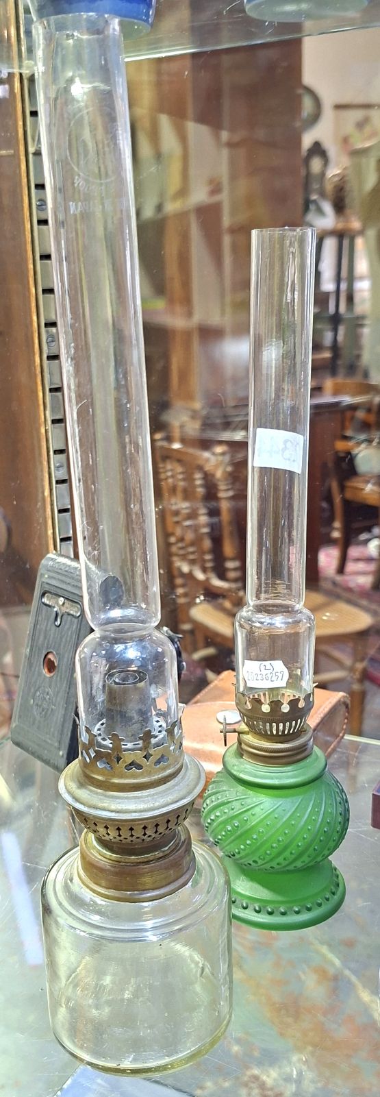1344 · 2 ANTIQUE GLASS OIL LAMPS