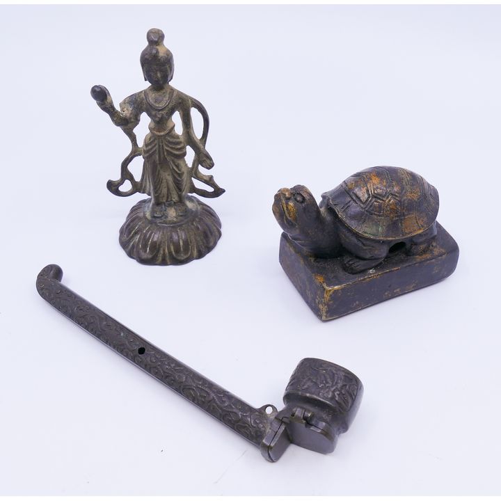 Box 3pc Old Korean Medal Turtle Seal Etc- 3.5'' to 6.5''