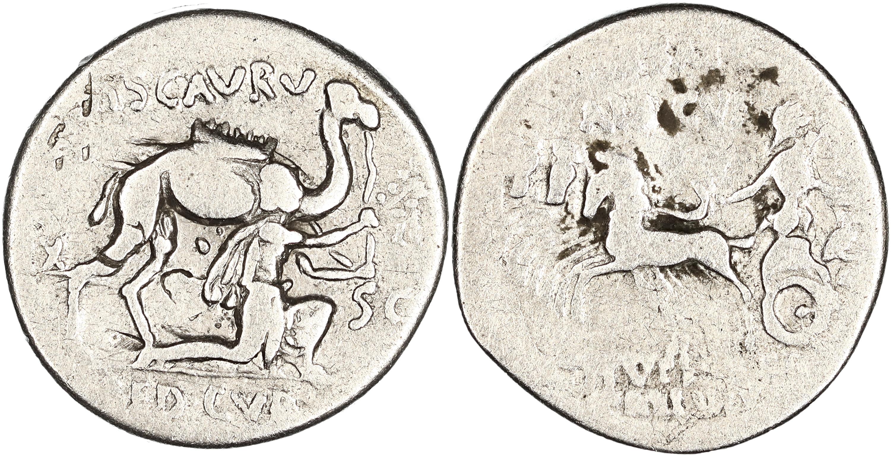 Roman Republic, M. Aemilius Scaurus & P. Plautius Hypsaeus, Silver Denarius, 58 BC, gF