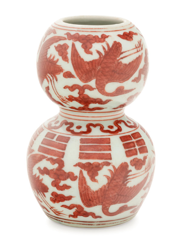 An Iron Red Decorated Porcelain 'Crane' Gourd-Form Vase
Height 4 5/8 in., 11.7 cm.