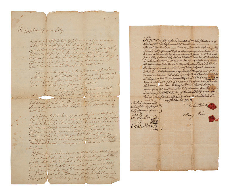 [FRENCH &amp; INDIAN WAR] -- [PRIVATEERS]. A group of 5 documents associated with New York Privateer Captain James Lilley and the British ship he commanded during the French and Indian War, the Duke of Cumberland.
