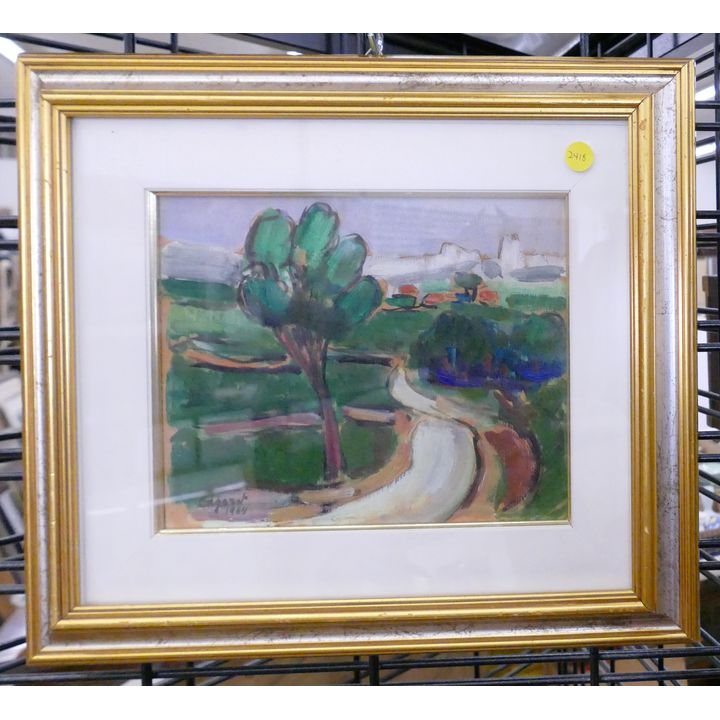 Italian Countryside Scene Modernist Landscape in Gilt Frame dated 1964- 15x17''